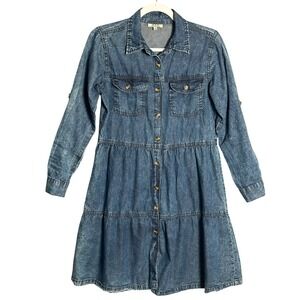 MPH Collection S‎ Acid Wash Tiered Long Sleeve Dress Soft Denim Roll Tab Western